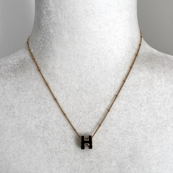 Black Enamel Initial H Pendant Studded Gold Necklace - Picture 1 of 13